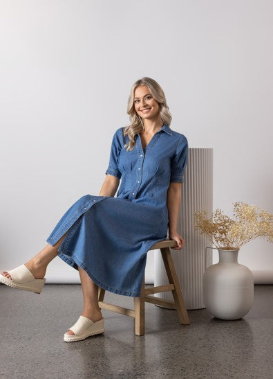 Vassalli Shaped Waist Dress - Mid Wash