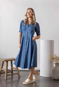 Vassalli Shaped Waist Dress - Mid Wash