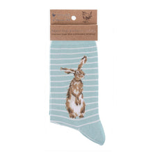 Load image into Gallery viewer, Wrendale Designs Ladies socks in light blue and white stripe with a sweet little hare stitched into the bamboo fabric.
