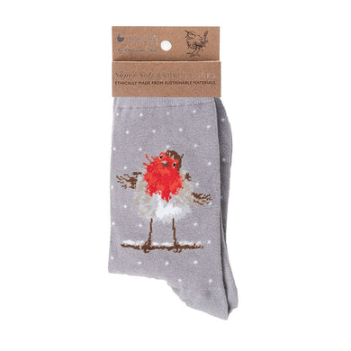 Wrendale Designs Grey socks with a sweet little Red Robin stitched into the soft bamboo material for a cozy & luxurious fee.