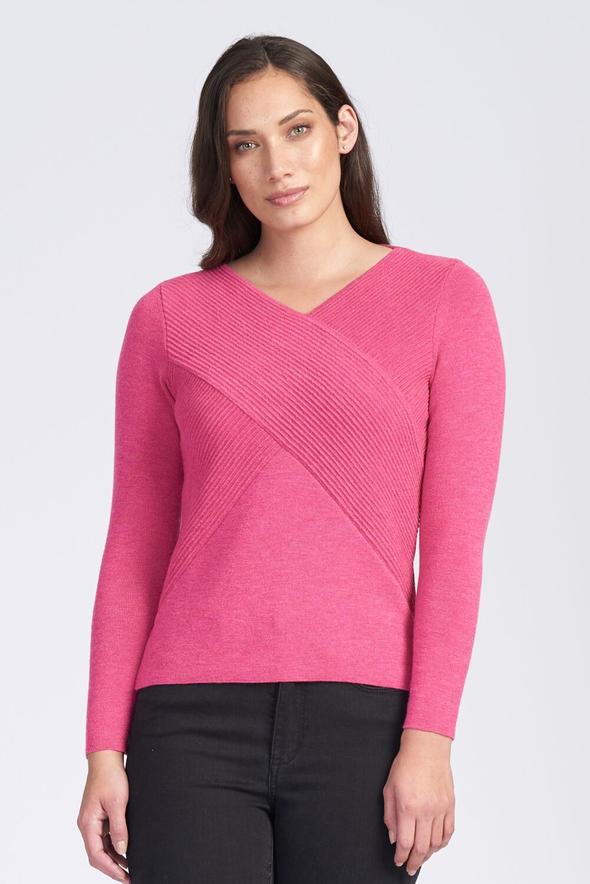 Caroline Gleeson NZ Superfine Merino V Neck Rib Wrap Jumper - Fuchsia