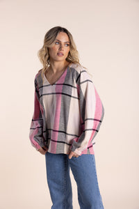 Two T's V Neck Check Top - Fuschia Combo