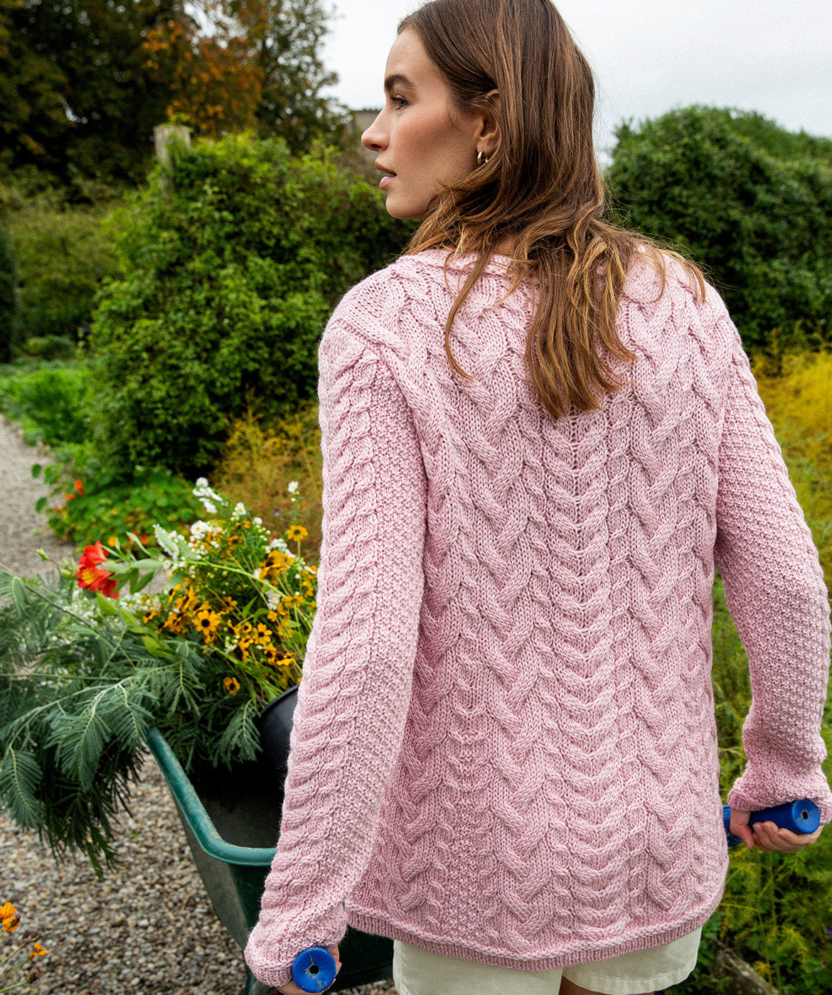 Irelands Eye Primrose A Line Cable Round Neck Wool Jumper Pale Pink Monty Moo