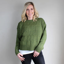 Load image into Gallery viewer, Australian Made Womens Cropped Cable Knit Merino Wool Jumper in Olive
