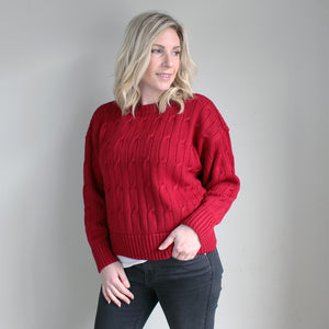 Australian Made womens Cropped Cable Knit Merino Wool Jumper in Sangria Red