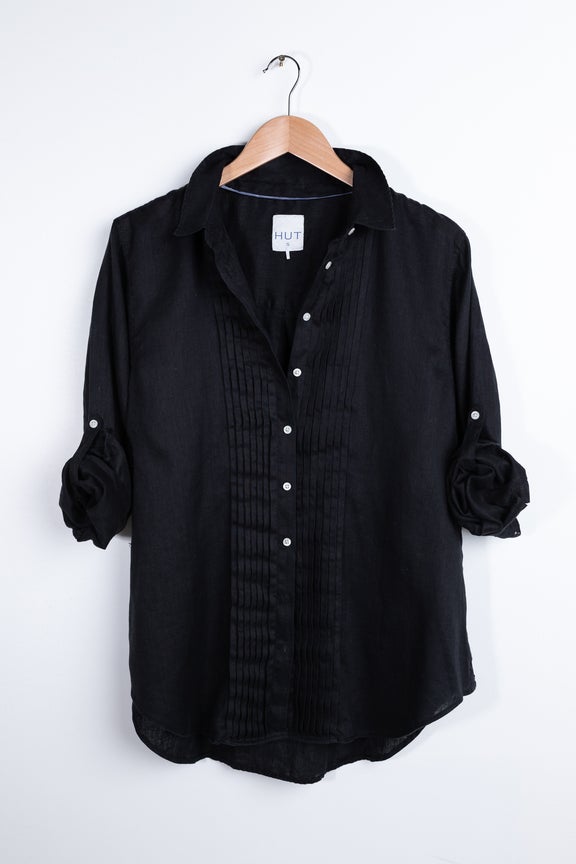 HUT Pintuck Boyfriend Linen Shirt - Black