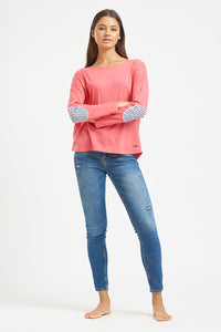 Est1971 Organic Cotton Long Sleeve Top - Watermelon  with navy/white stripe elbow patches