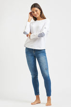 Load image into Gallery viewer, Est1971 Organic Cotton Long Sleeve Top - White with blue/white stripe elbow patches
