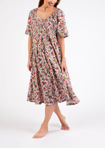 Cotton Nightie with Shirred Bodice & S/S - Mixed Floral