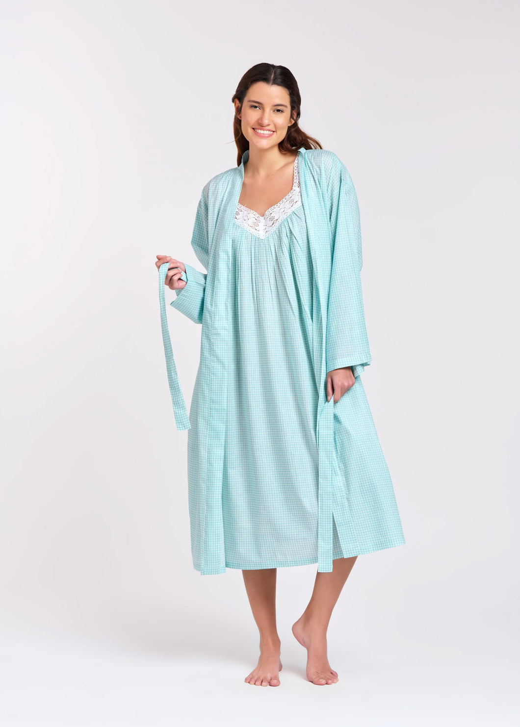 Cotton Dressing Gown/Robe - Mint Gingham