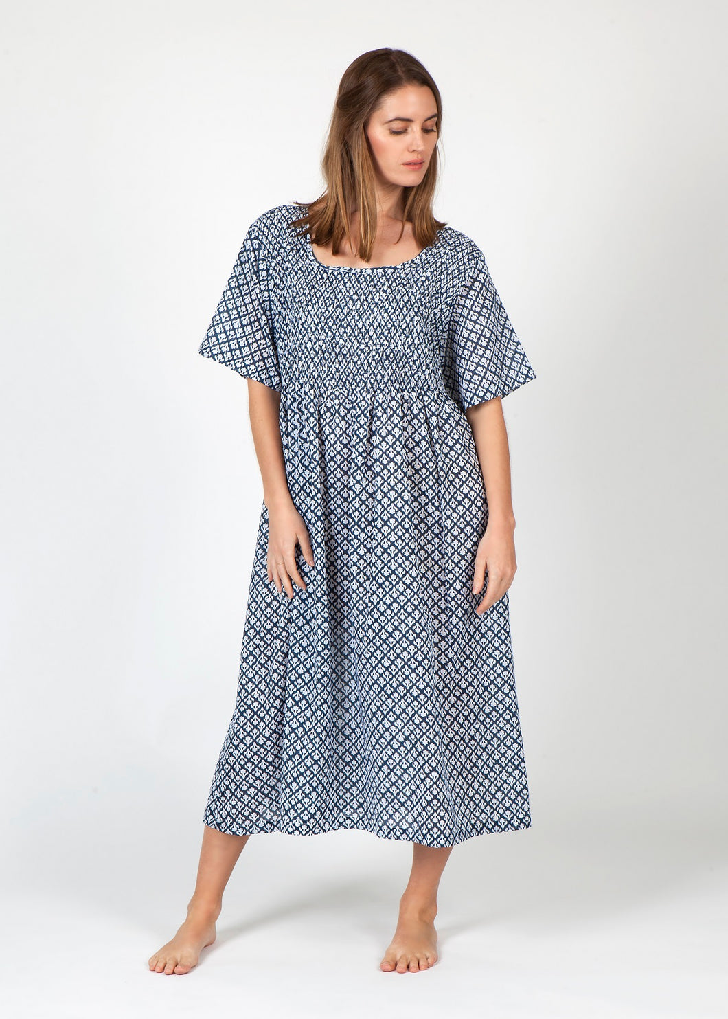 Cotton Nightie with Shirred Bodice & S/S  - Navy Print