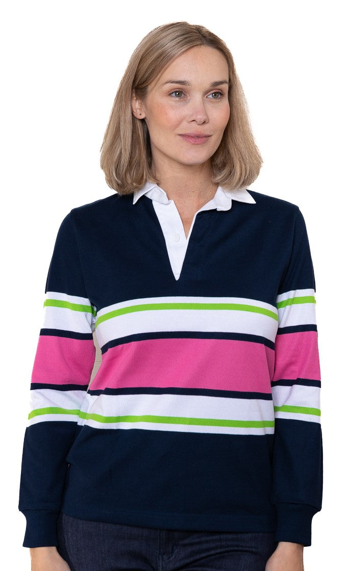 Monty & Moo Rugby Jumper - Navy/Pink/Lime/White