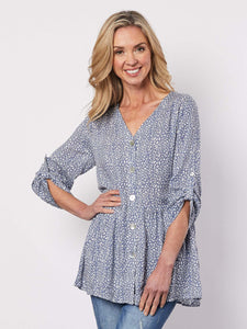 Threadz Top: Button Through V Neck- Blue Floral