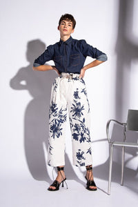 Funky Staff Runa Pant: 7/8 Length Dressier Floral Pants - Blue Flower on White