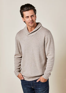 Uimi Mens Merino Wool Rib Shawl Collar Jumper - Almond